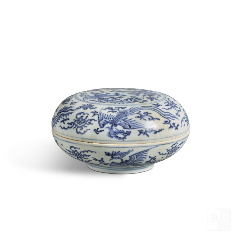 明崇禎 青花「哈察船貨」鳳紋蓋盒 - 图1